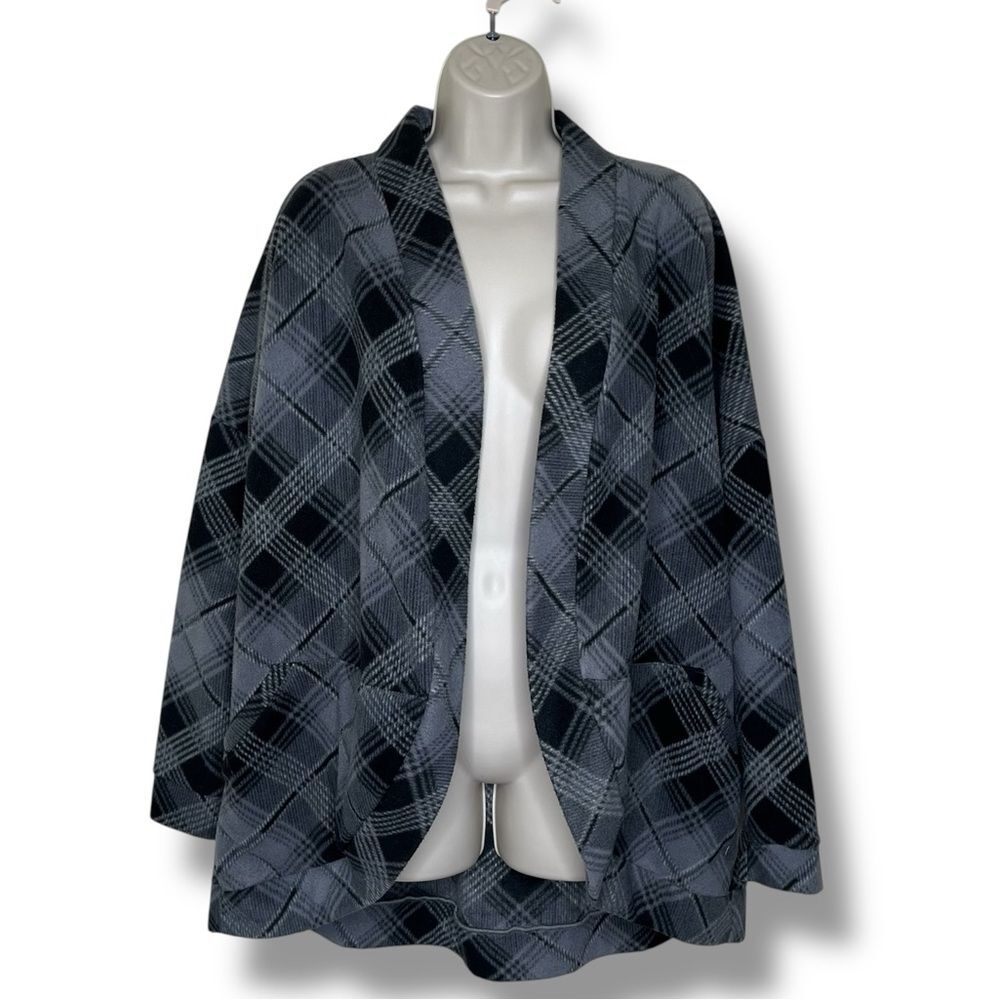 Gray Plaid Fleece Cocoon Jacket Pockets Cozy Oversized Soft Women Size XL Grey